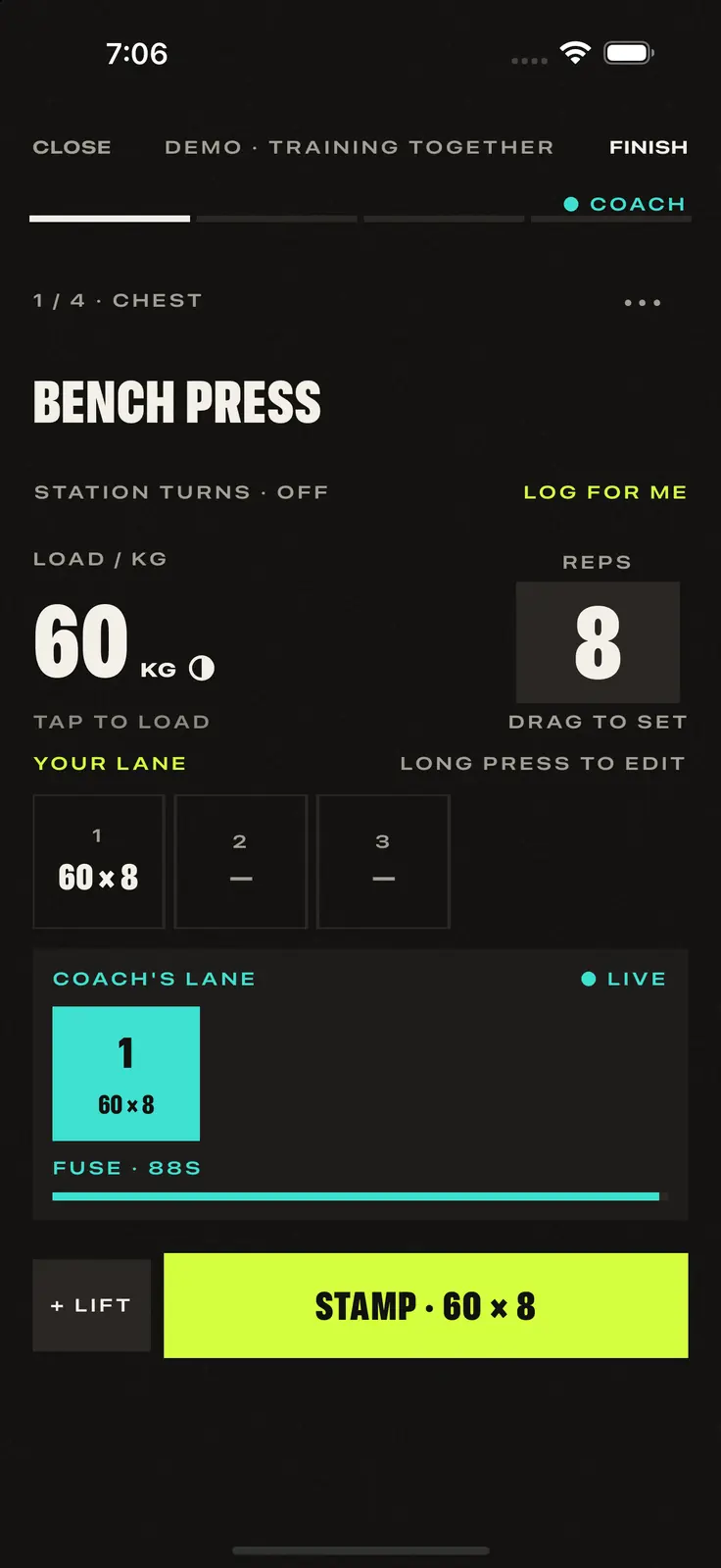 Demo session with a coach partner. Your lane and the coach lane share the same bench press.
