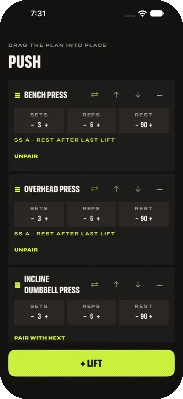 Playlist-style editor for a push session. Bench press and overhead press are paired as a superset.