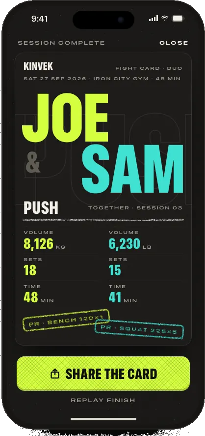 Fight card for Joe and Sam after a push session, with volume, time, and personal records.