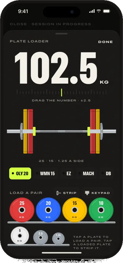 Plate loader at 102.5 kilograms, with red, blue, yellow, and green plates on the bar.
