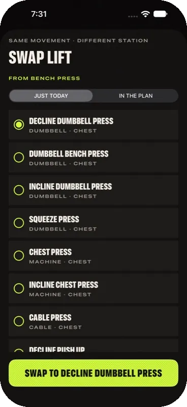 One-tap swap from bench press to decline dumbbell press when the machine is taken.