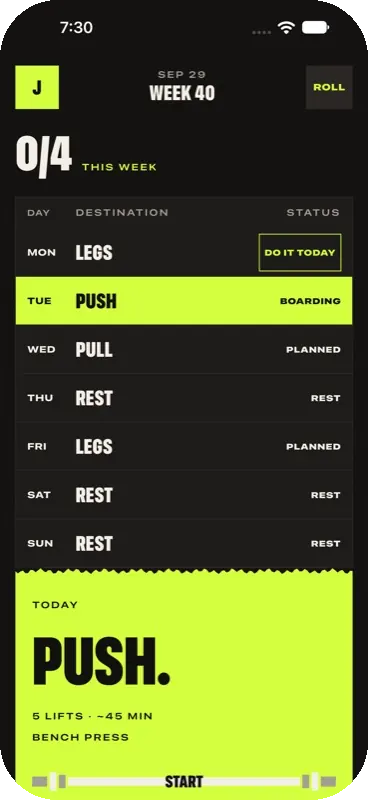 Departures board for week 40. Tuesday push is boarding. Monday legs can be done today. The rest of the week is planned.