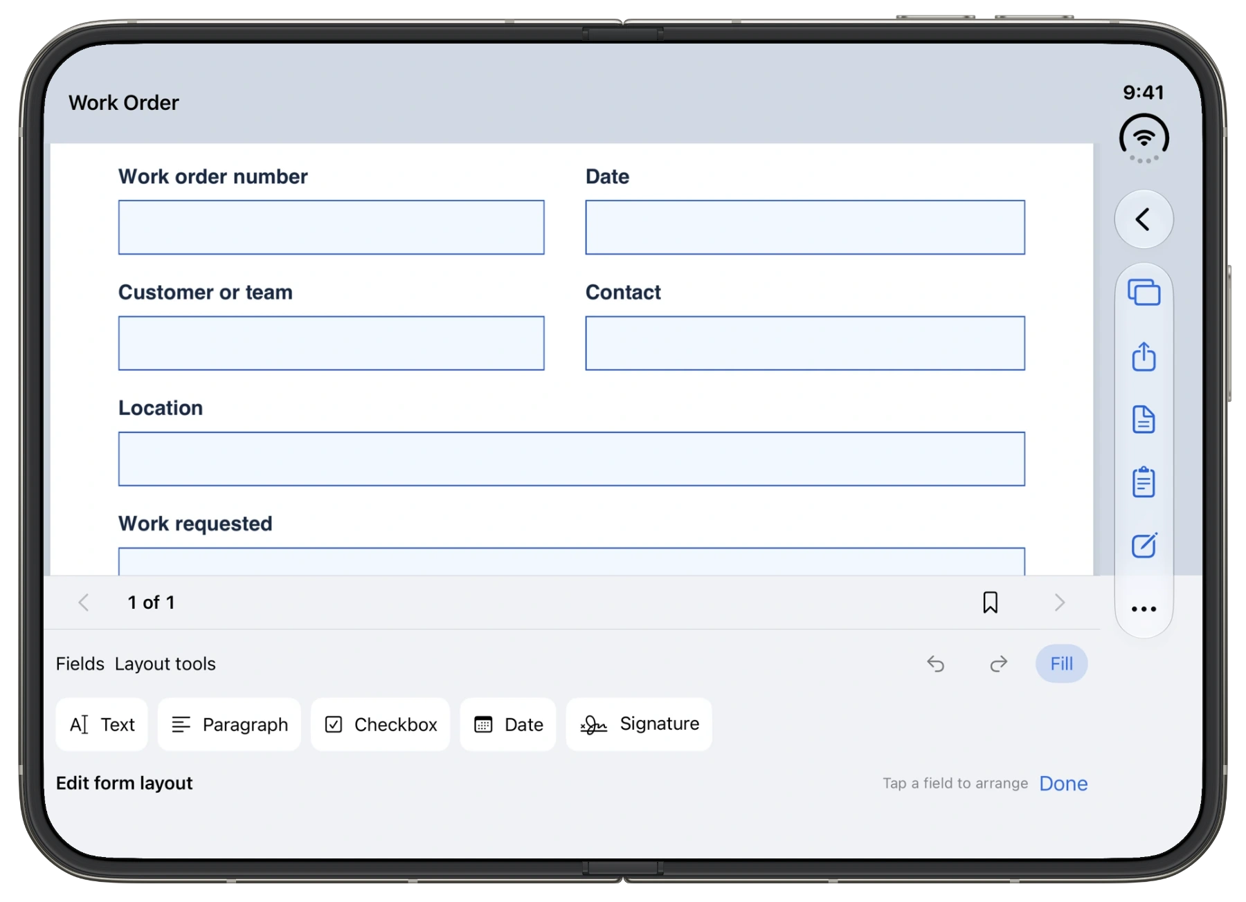 FolikPDF form builder with the actual field layout tools on unfolded iPhone Duo