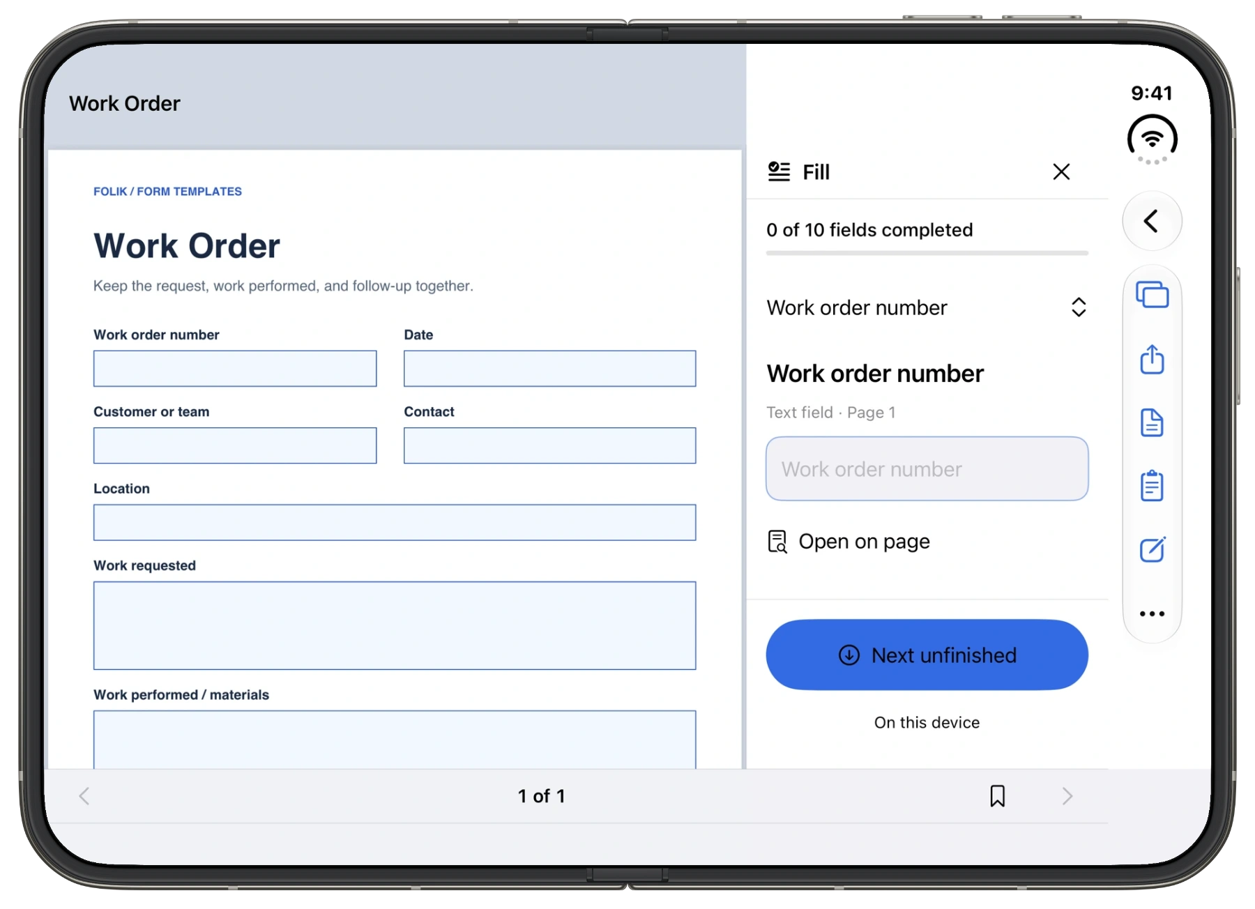 Work Order PDF and its Fill companion panel on unfolded iPhone Duo