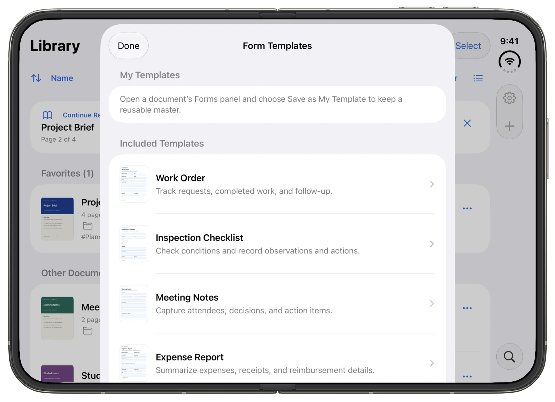 The native FolikPDF template gallery showing Work Order, Inspection Checklist, Meeting Notes, and Expense Report