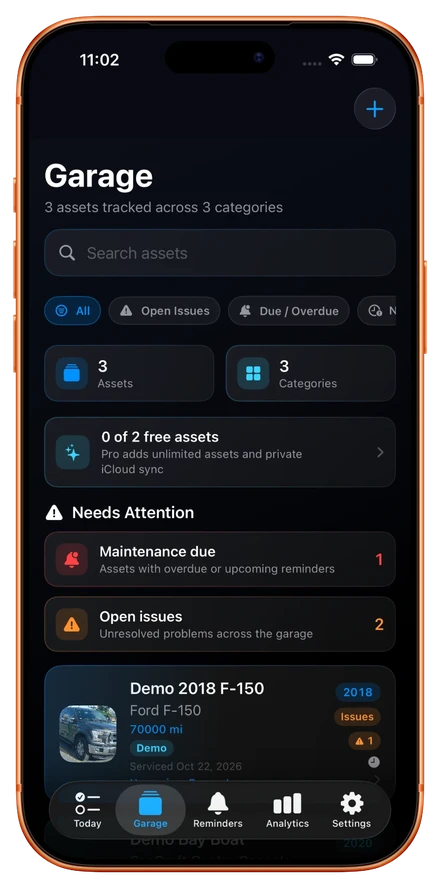 Kelvik Garage with maintenance reminders